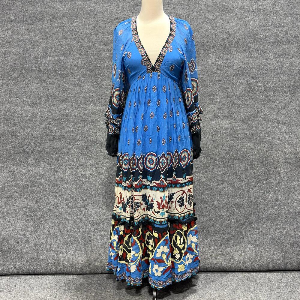 FARM Dress Womens XS Blue Floral Boho Maxi V Neck Long Sleeve Tiered Ruffle